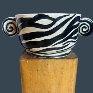 Two Zebra Swirl Studio Art Bowls Spiral Handles 5" x 3" Boho Chic Black White